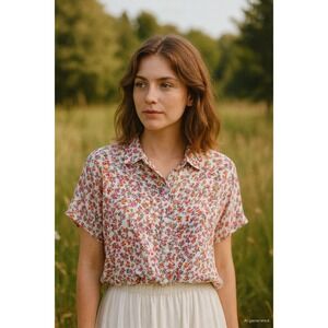 Aeropostale Womens Floral Button Down Short Sleeve Shirt Size M Cottage Boho